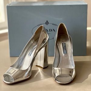 Prada Silver Metallic Block Pumps